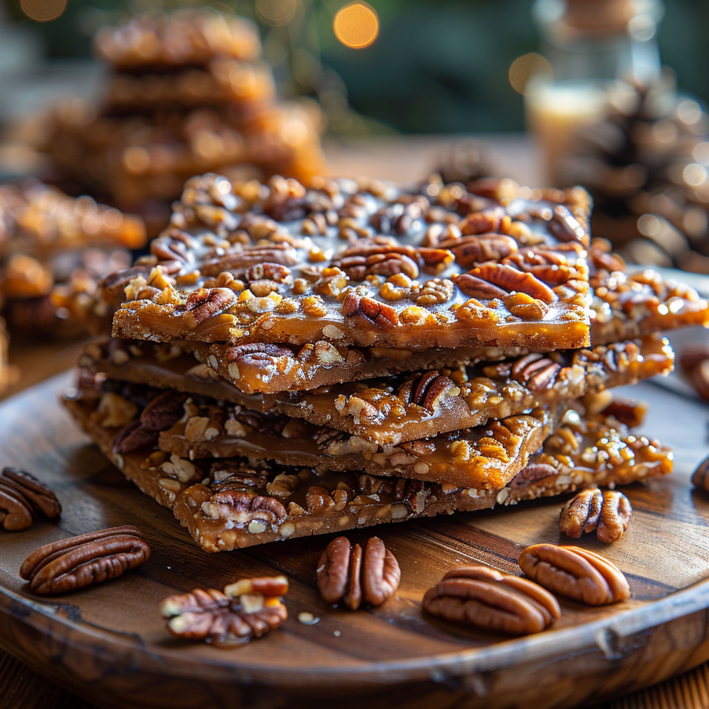 A stack of pecan bars on a wooden table.