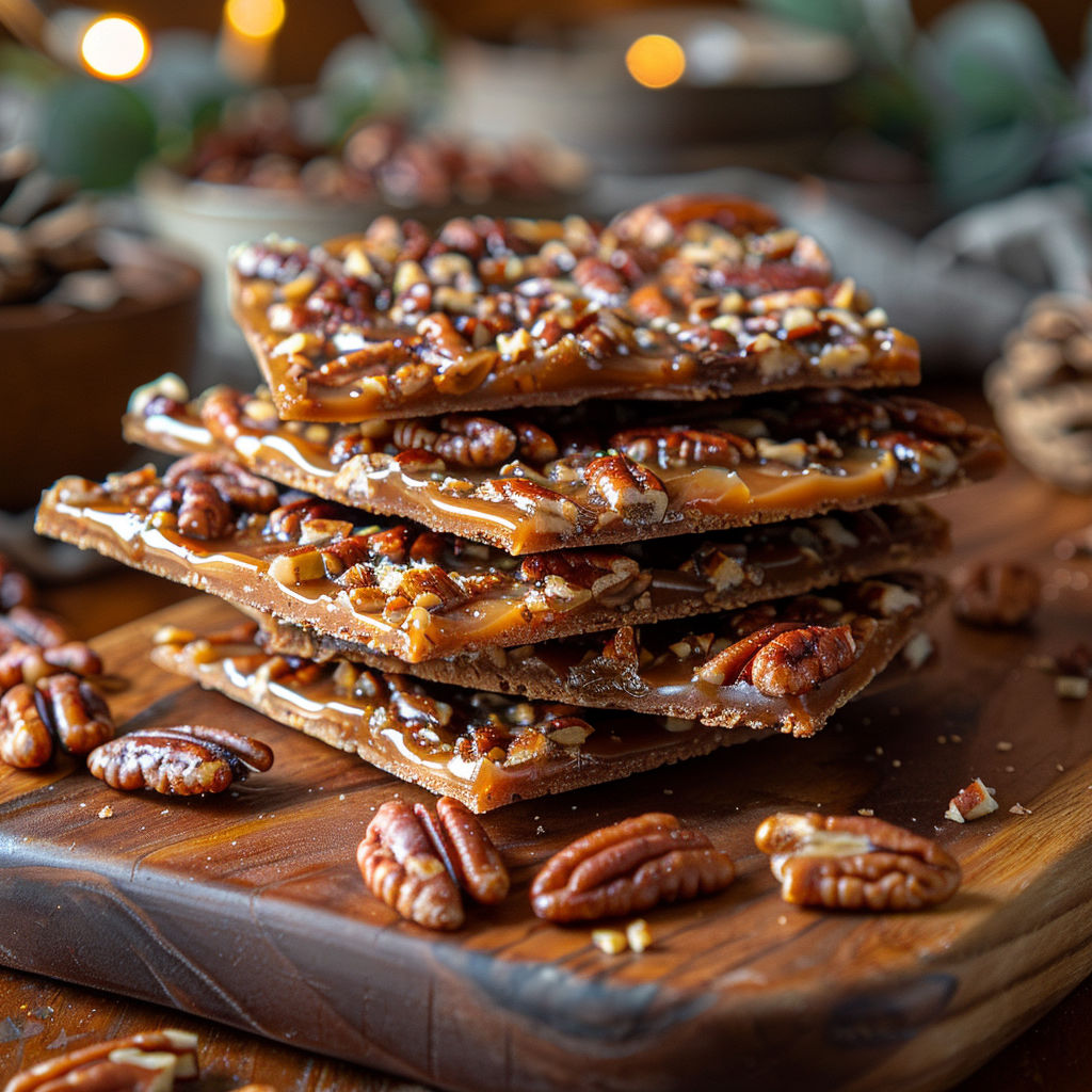 A stack of pecan bars on a wooden table.