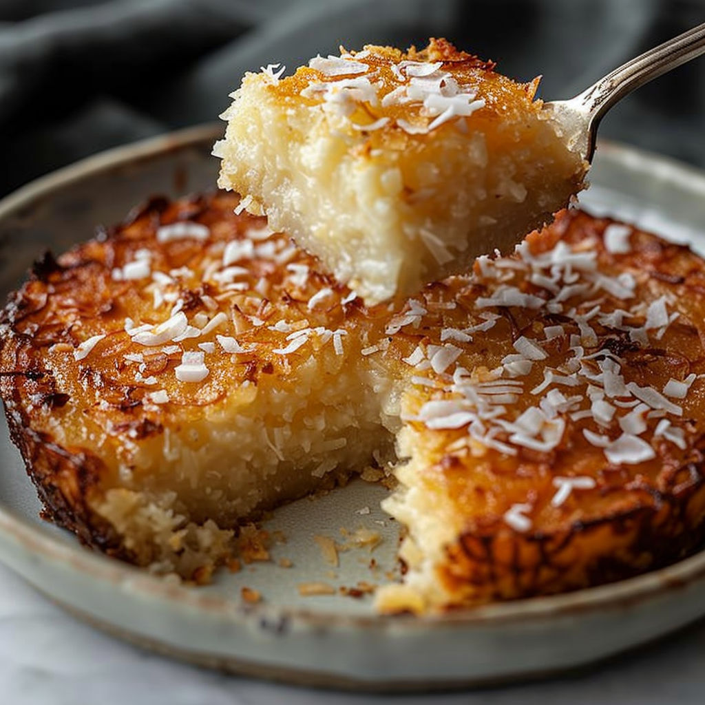 A slice of cake with coconut on top.