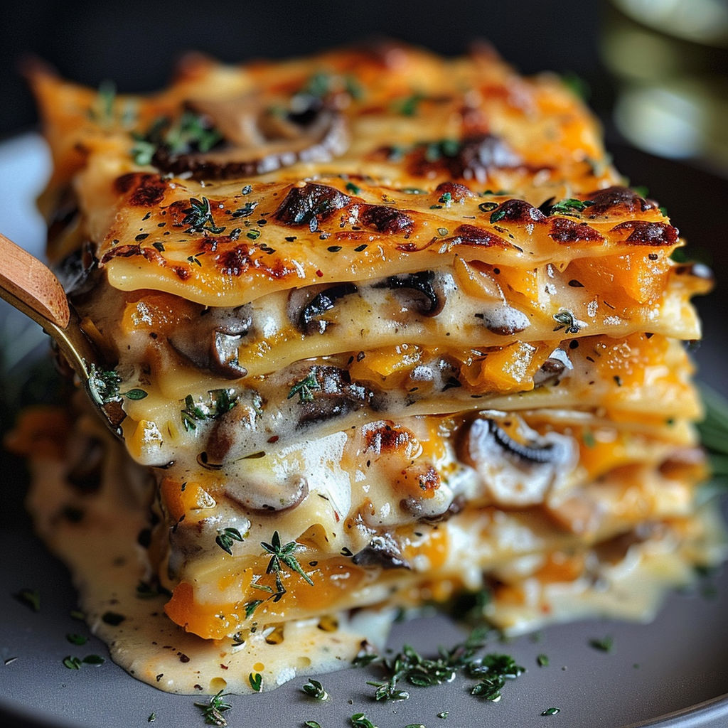 A stack of lasagna with mushrooms and cheese.