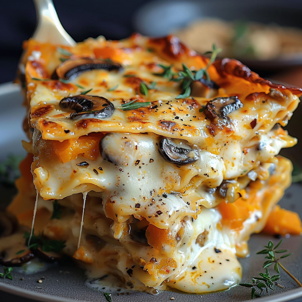 A close up of a lasagna dish with mushrooms and cheese.