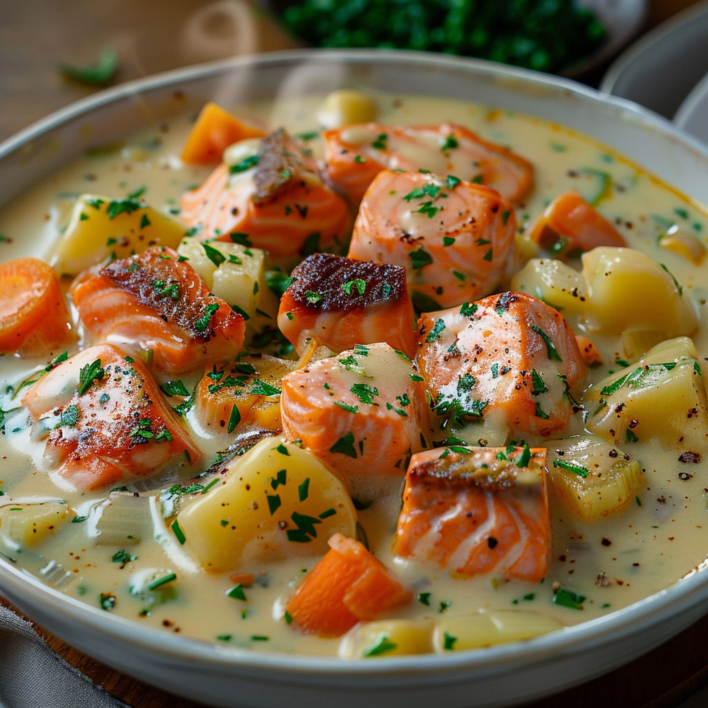 A bowl of food with salmon, potatoes, and greens.