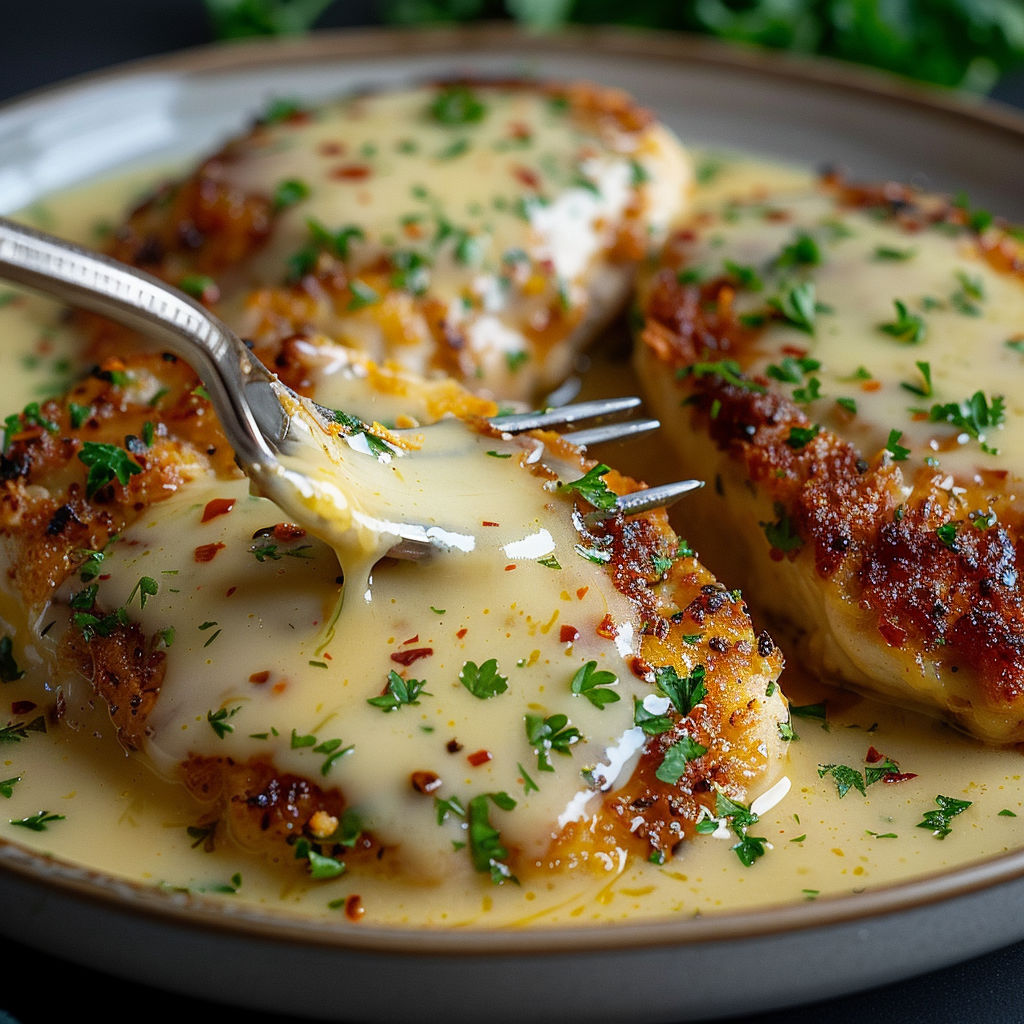 A plate of chicken with sauce.