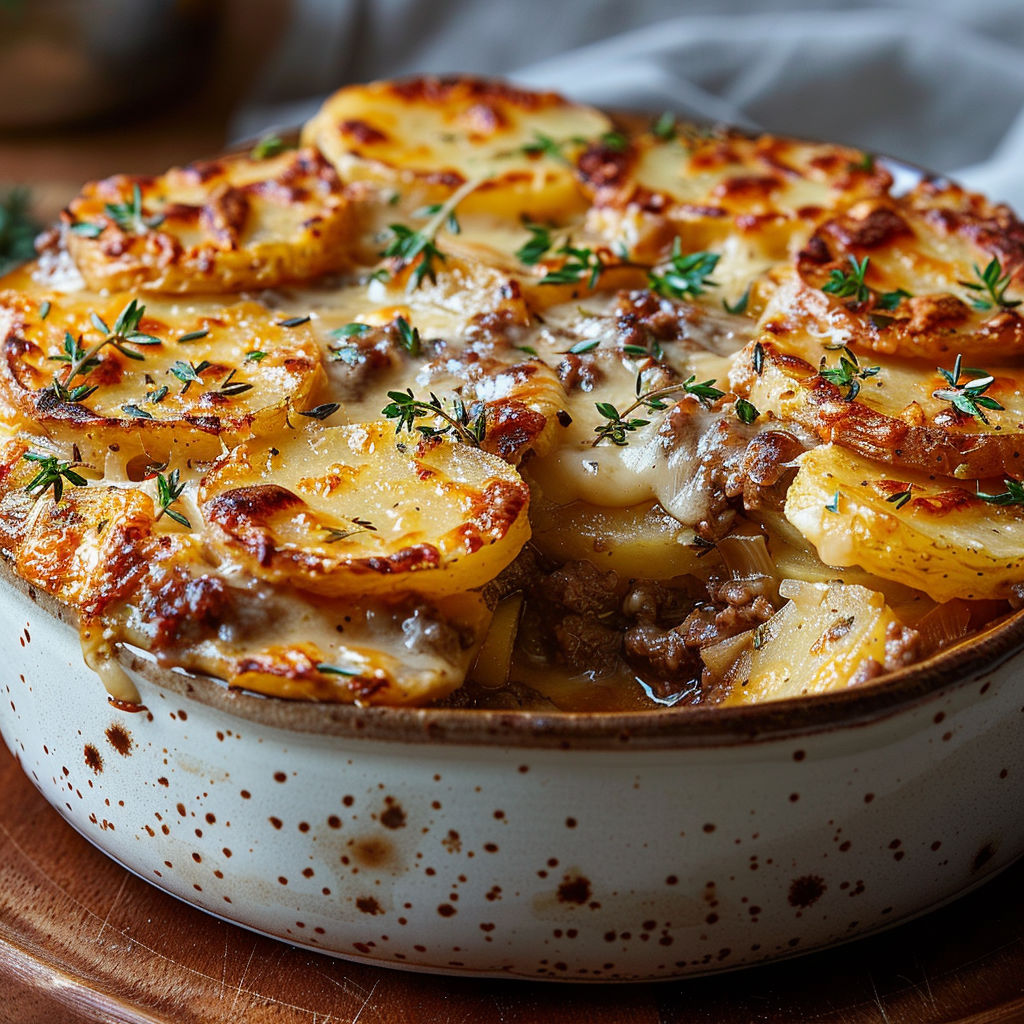 A dish of Gratin Campagnard Viande Pommes.