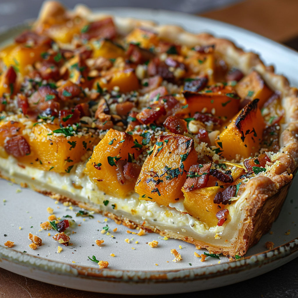 A slice of tarte automne courge chèvre lardons.