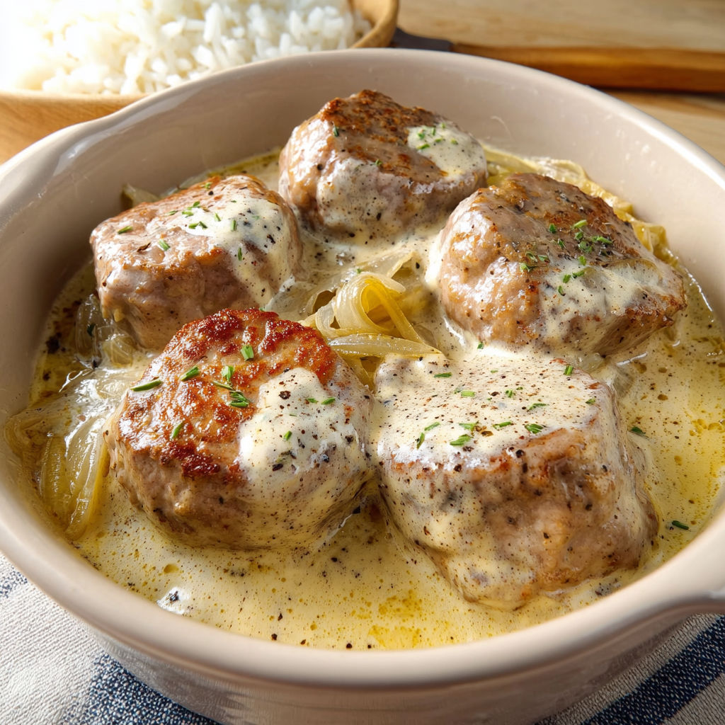 A bowl of meat and onions.
