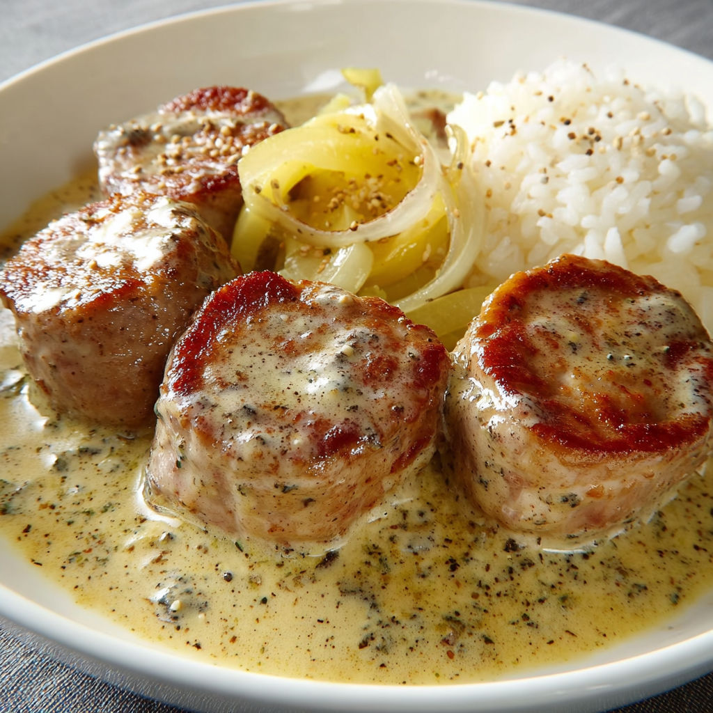 A plate of meat with onions and rice.