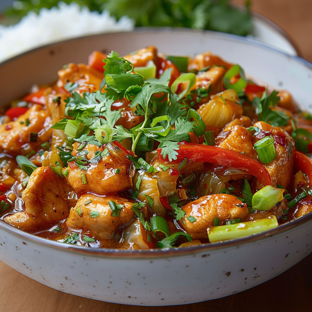 A bowl of food with a green garnish.