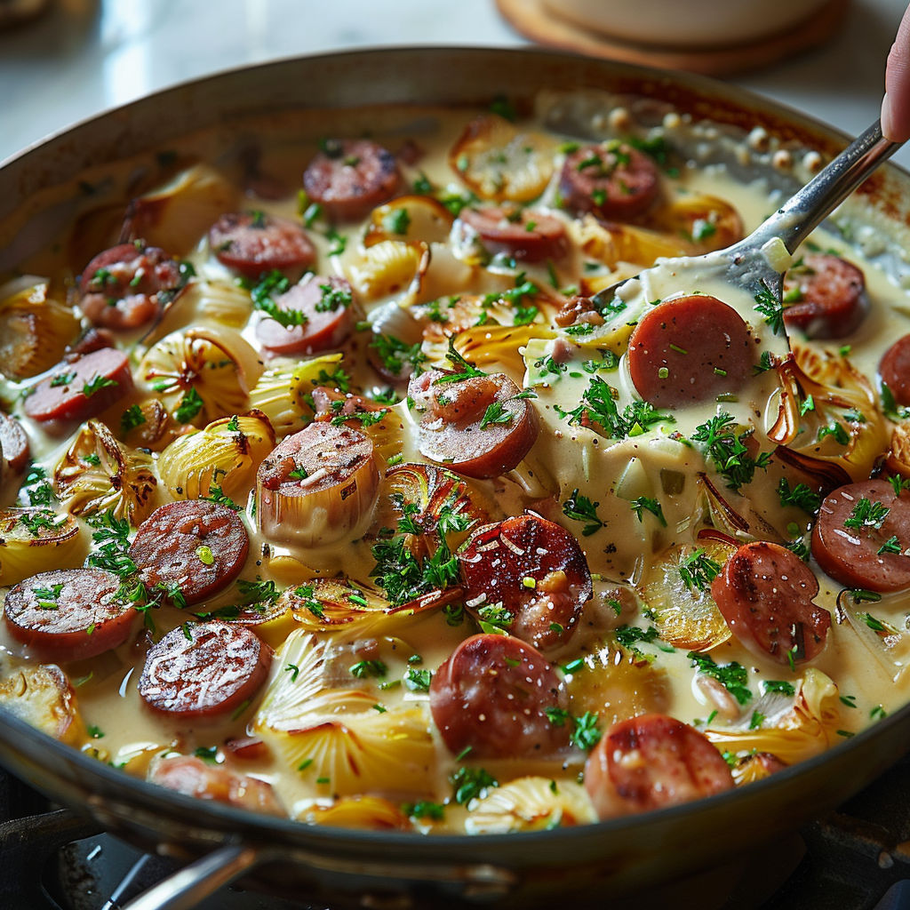 A pan of food with sausage, onions, and potatoes.