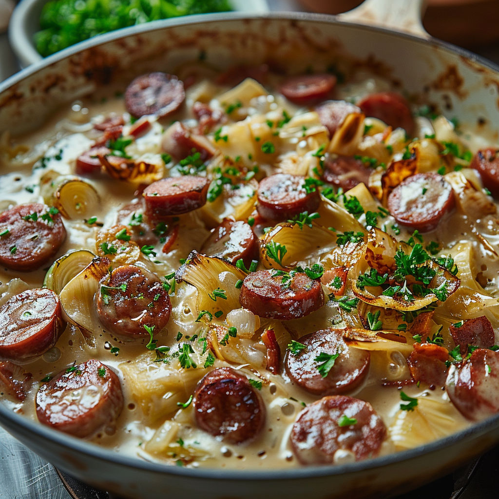 A bowl of food with sausage and onions.