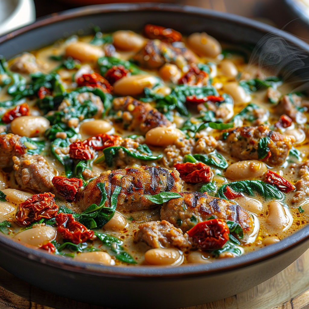 A bowl of food with meat, beans, and greens.
