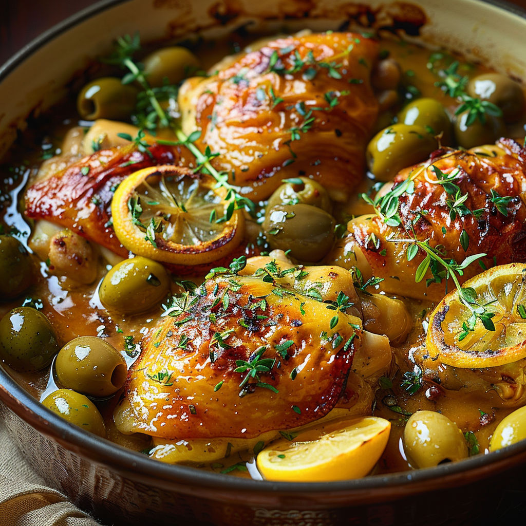 A bowl of chicken with olives and lemon.