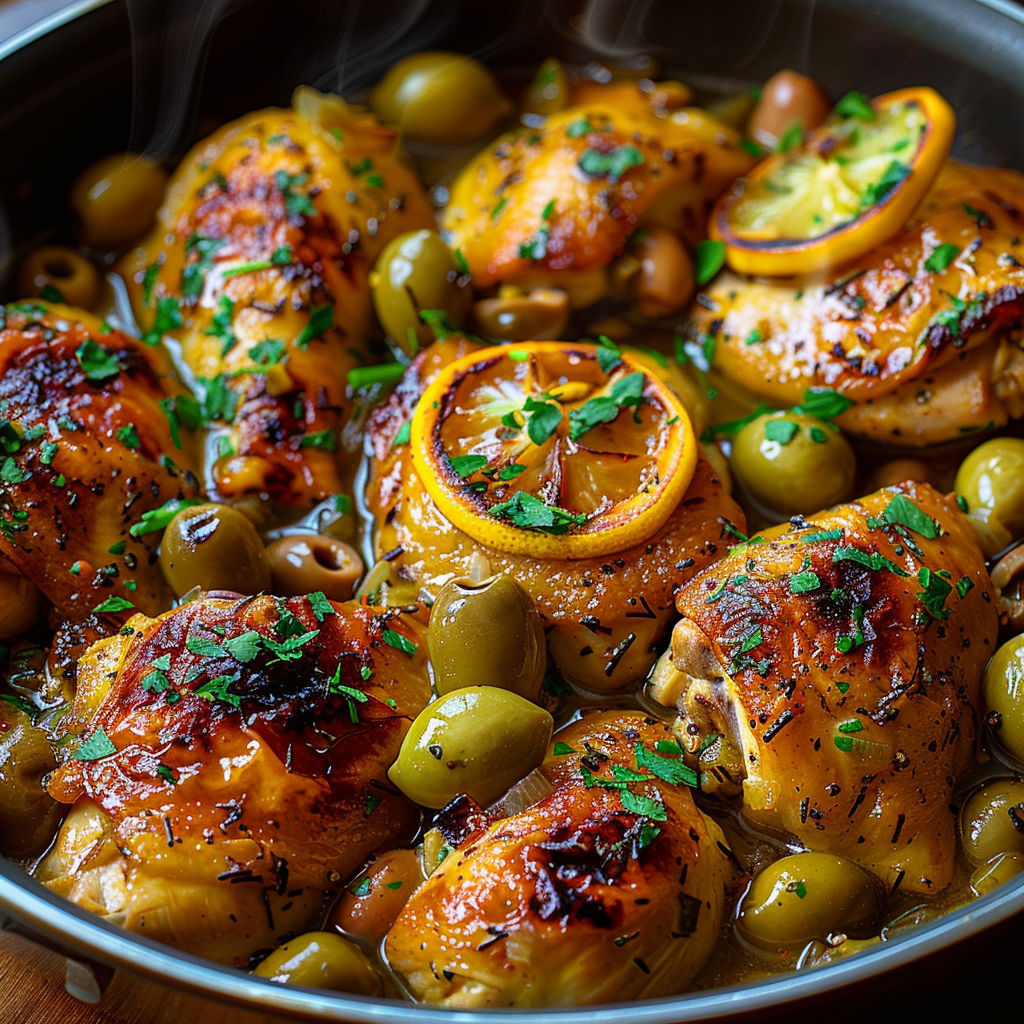 A bowl of chicken with olives and citrus.