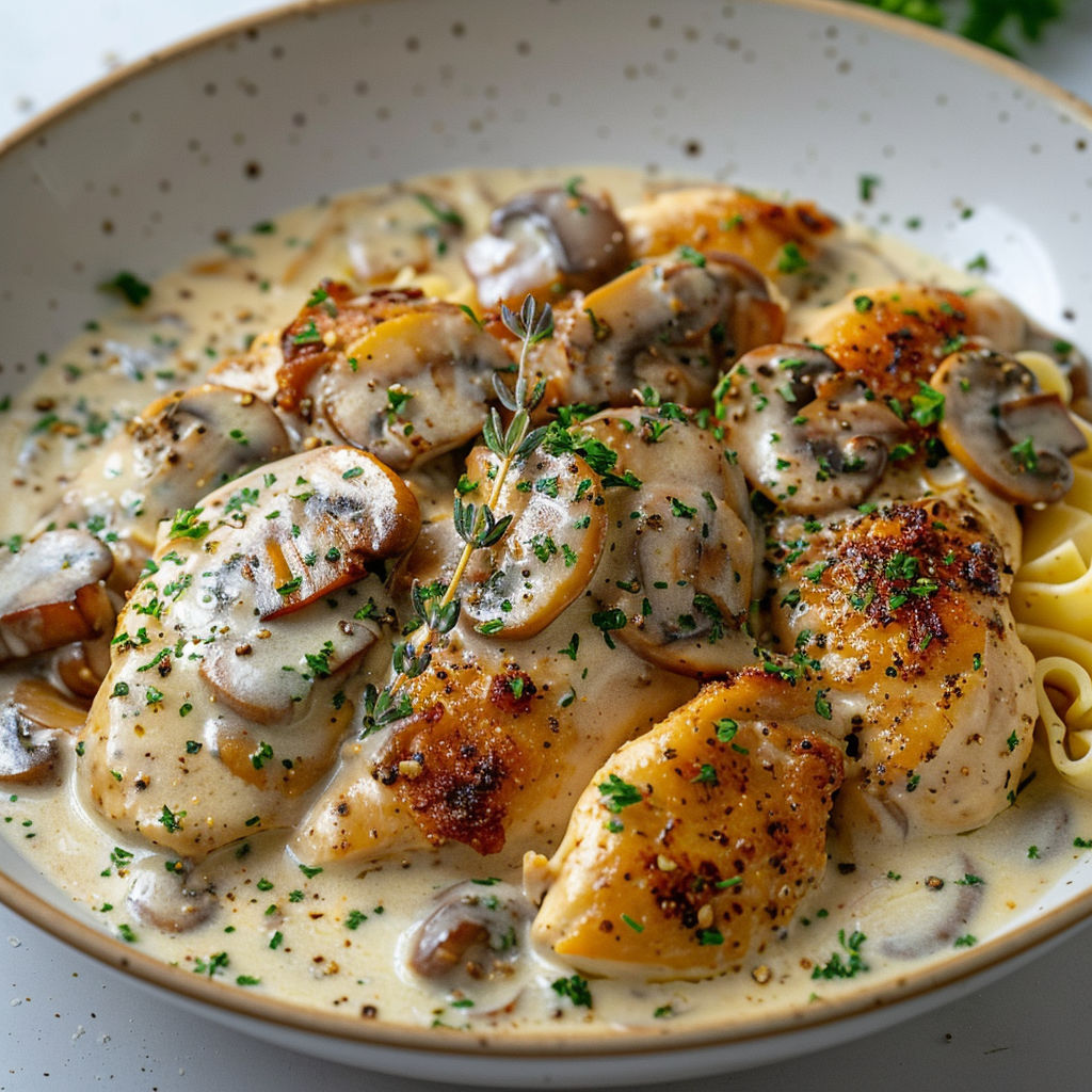 A plate of food with chicken, mushrooms, and noodles.