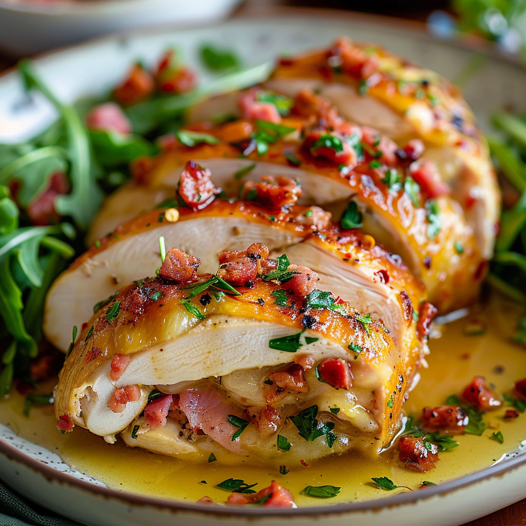 A plate of chicken with herbs and sauce.