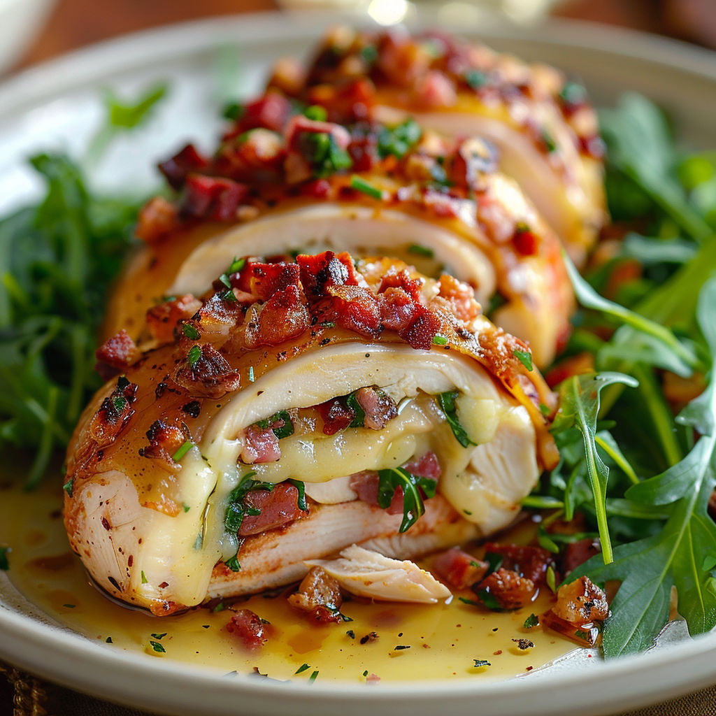 A plate of chicken with bacon wrapped around it.