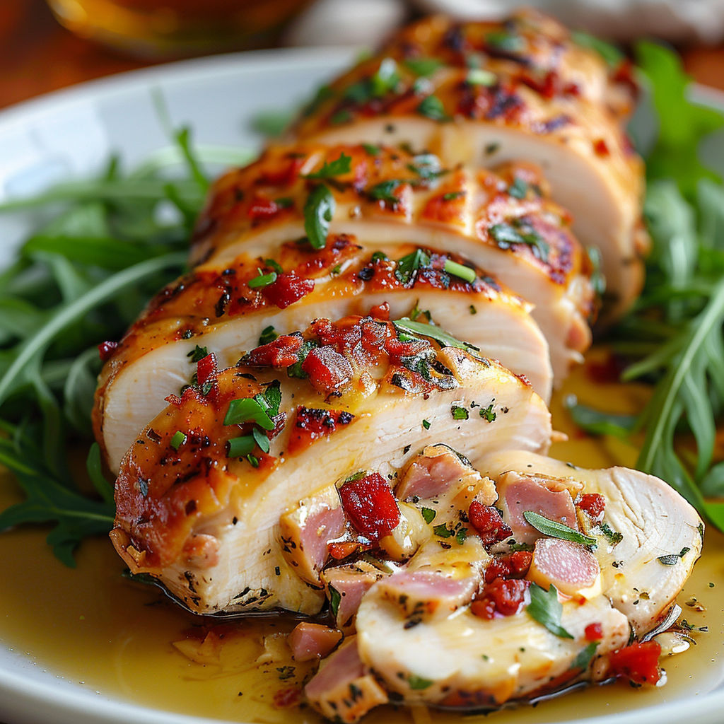 A plate of chicken with sauce.
