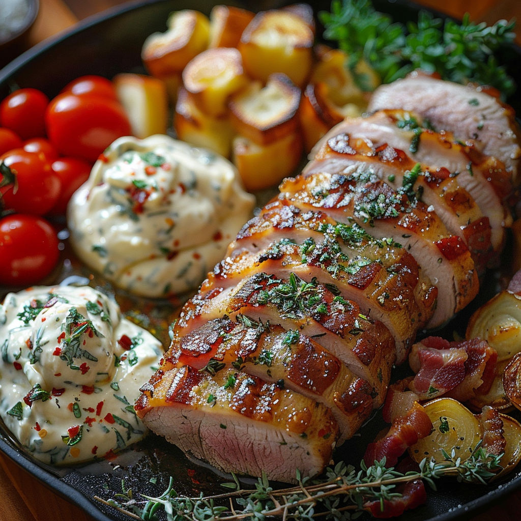 A plate of food with a roast beef and potatoes.