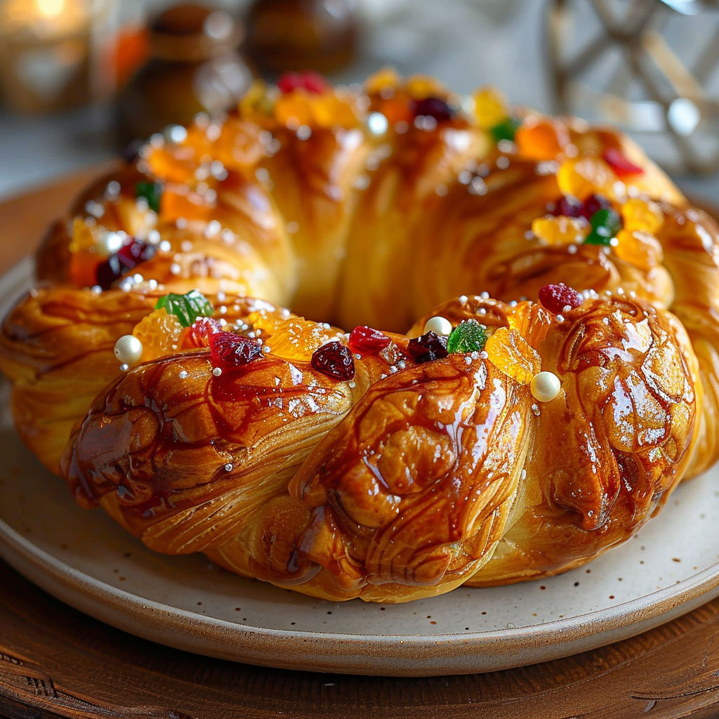 A brioche des rois provencal fleur is displayed on a plate.