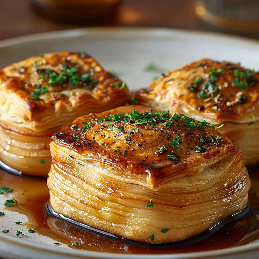 Three chaussons foie gras confit oignon on a plate.
