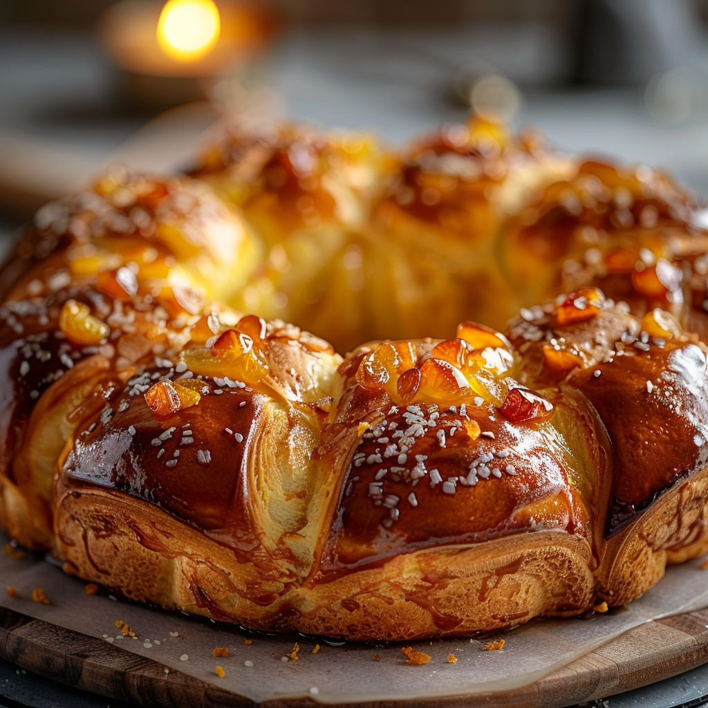 A brioche des rois provencal fleur is displayed on a wooden platter.