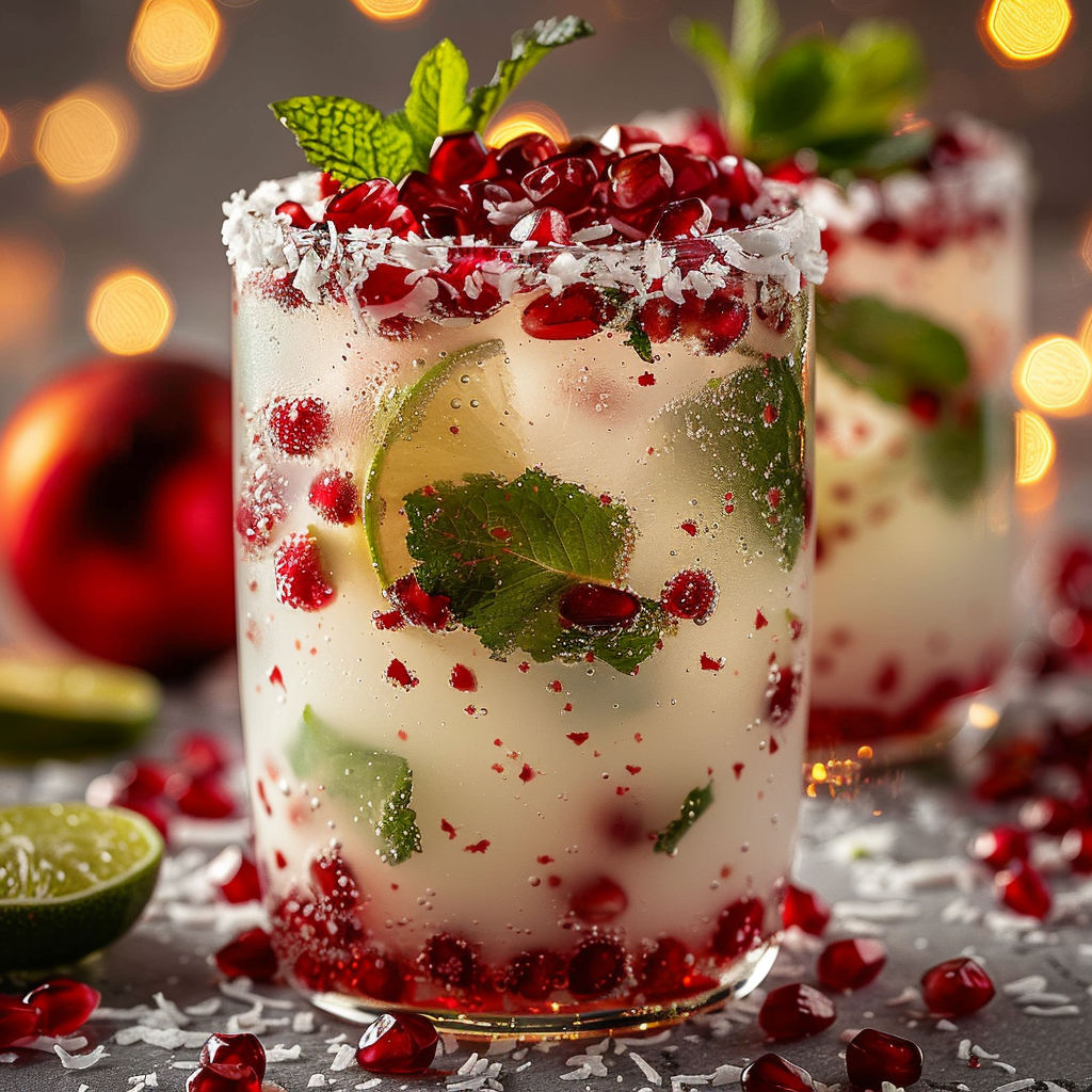A glass of mojito with red fruit on top.