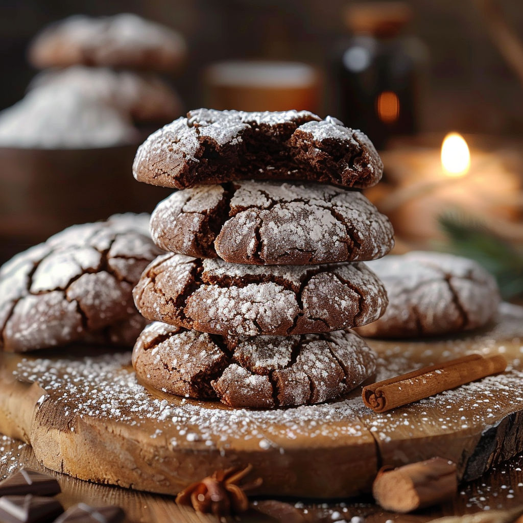 A stack of chocolate cookies with white powder on top.