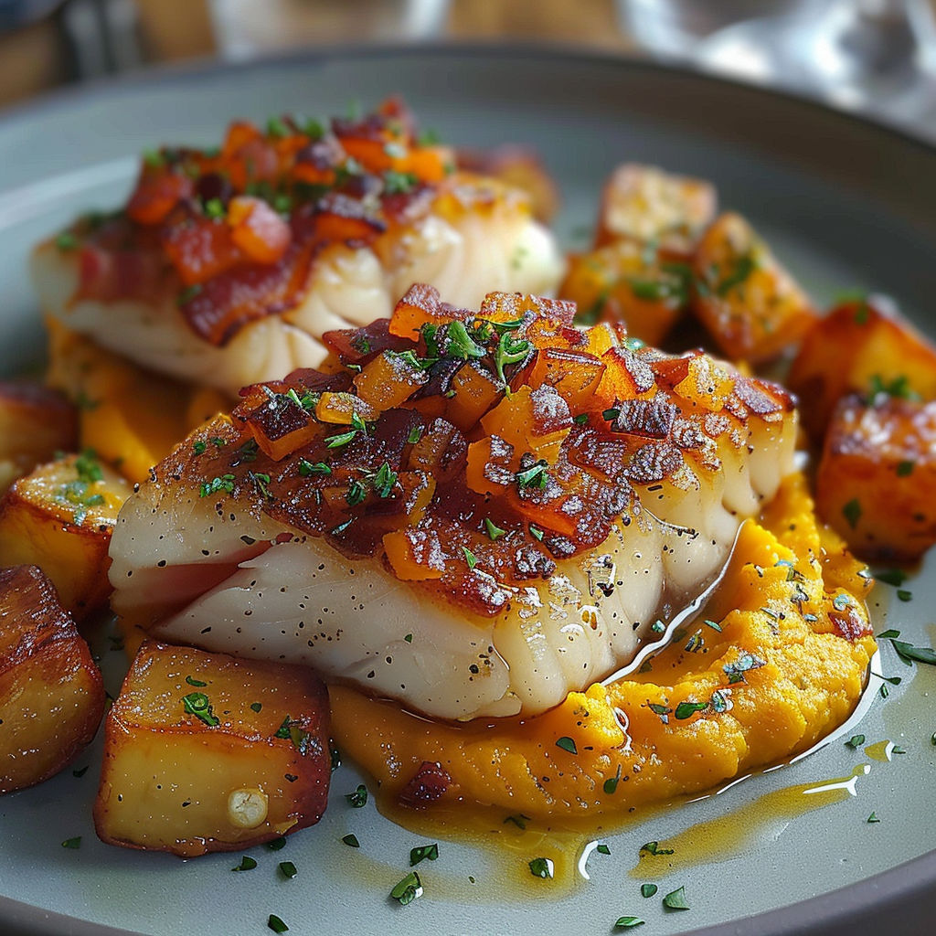 A plate of food with a piece of fish and some vegetables.