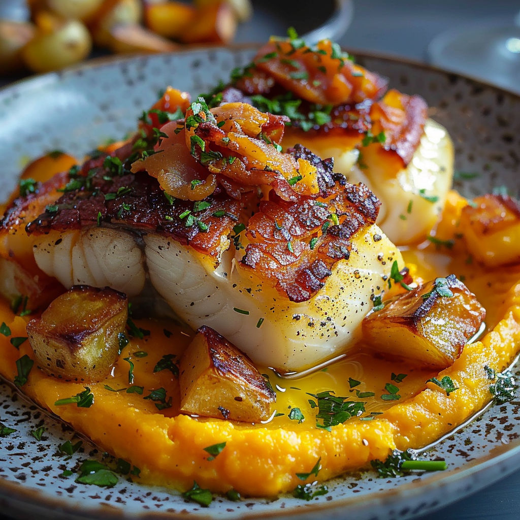 A plate of food with bacon and scallops.