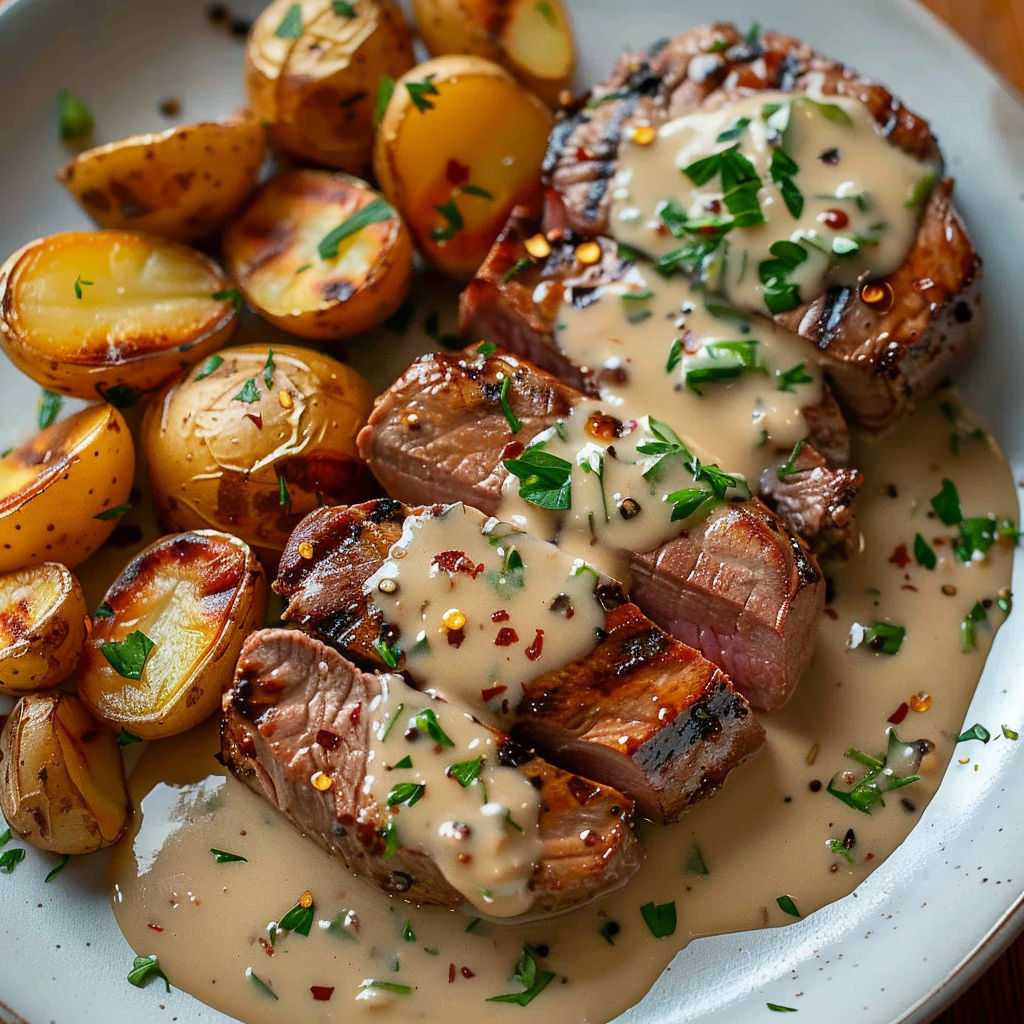 A plate of meat with potatoes and gravy.