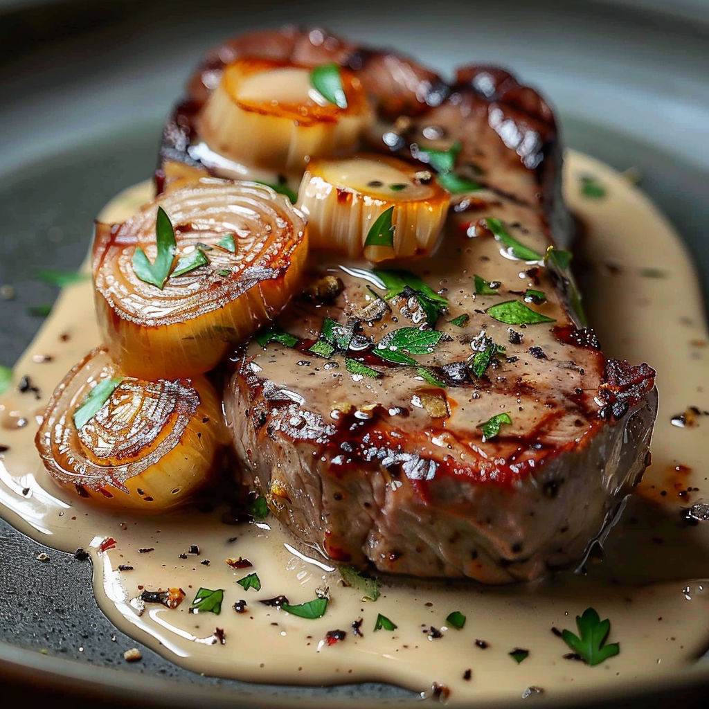 A piece of meat with onions and garlic on it.
