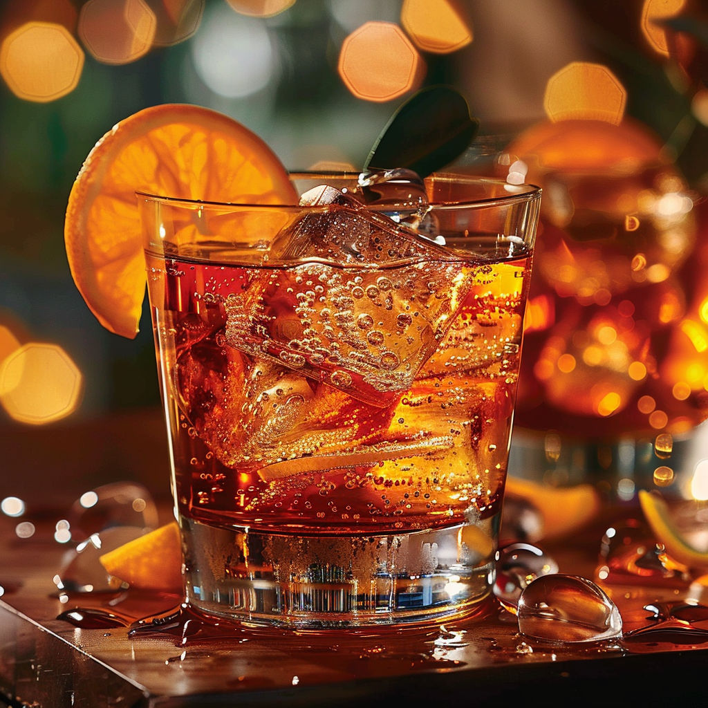 A glass of red wine with orange slices in it.