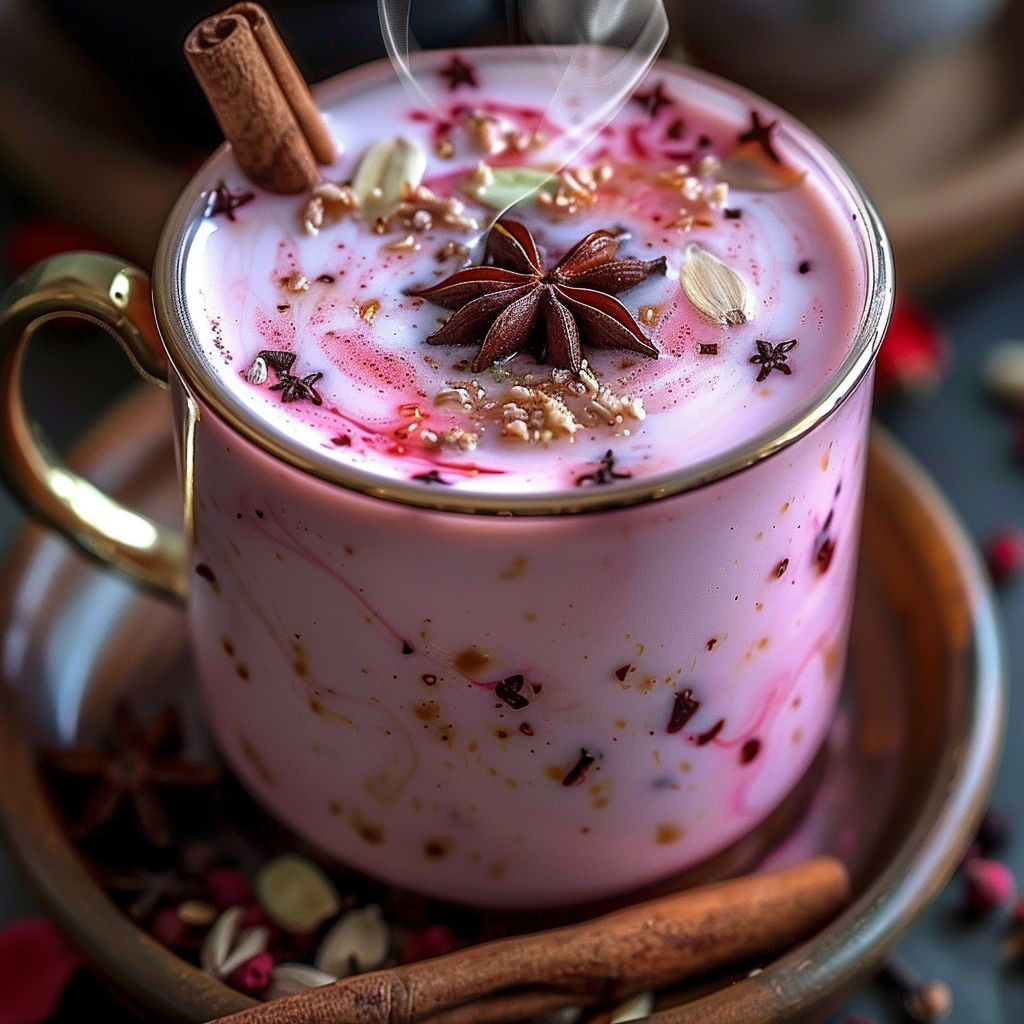 A cup of pink chai with a cinnamon stick in it.