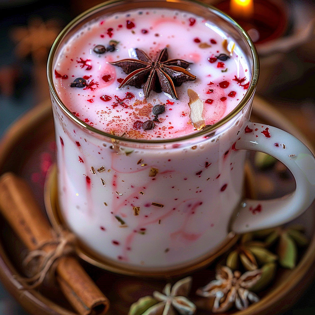 A glass of milk with a star shape made of red and white cream.