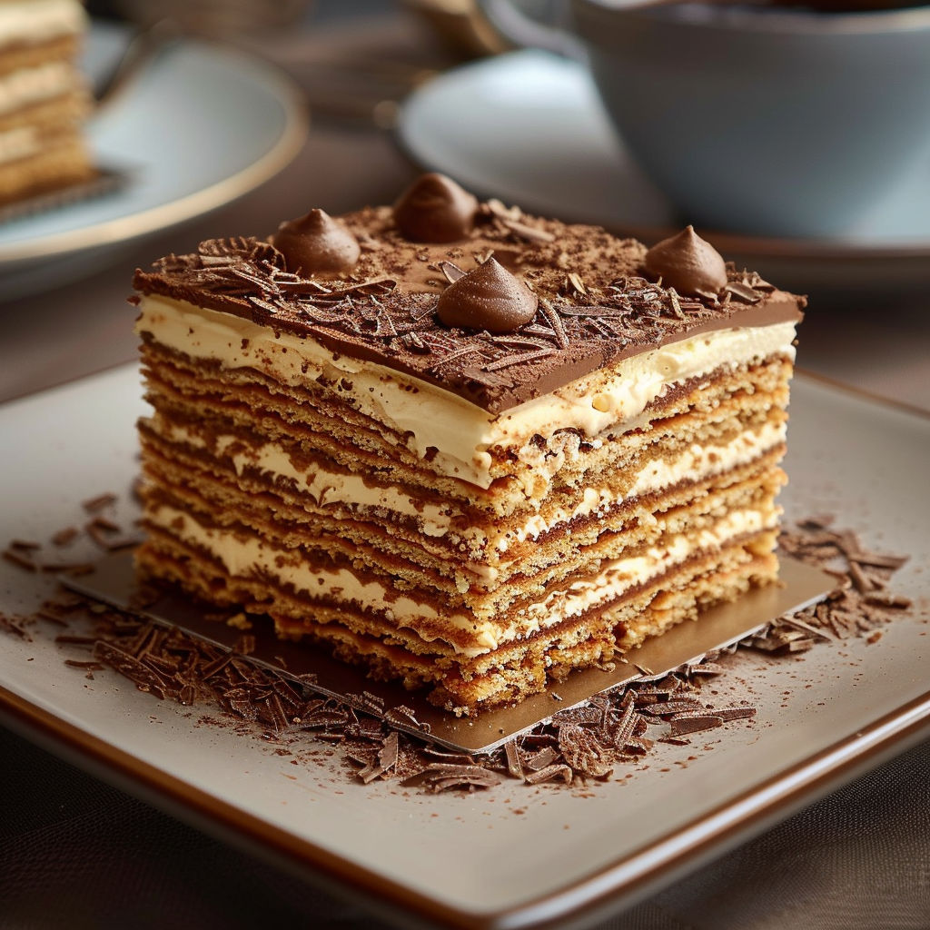 A slice of cake with chocolate and nuts.
