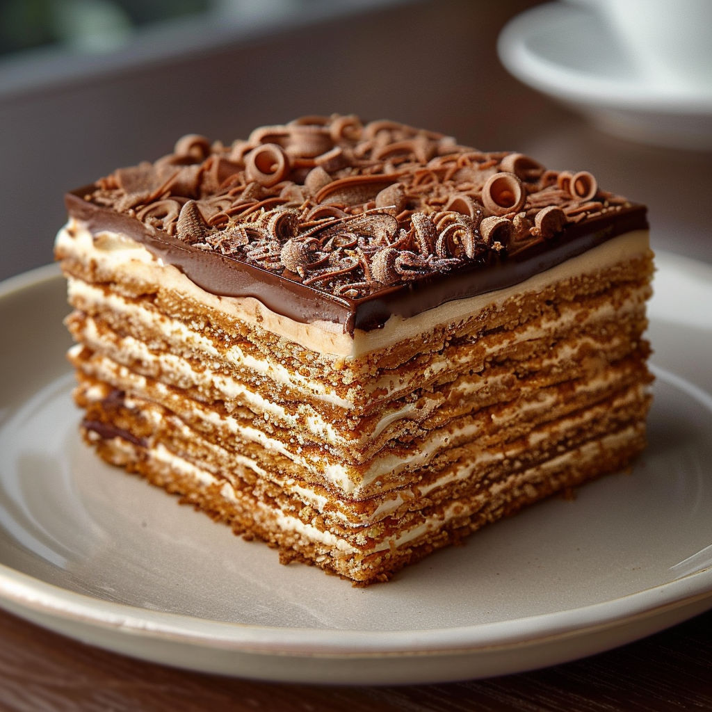 A layered cake with chocolate frosting.