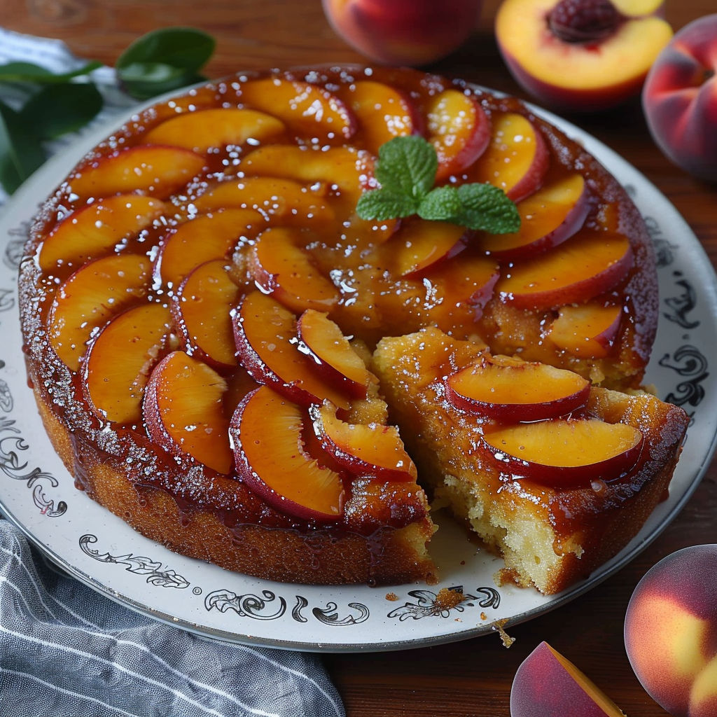 A slice of peach cake on a plate.