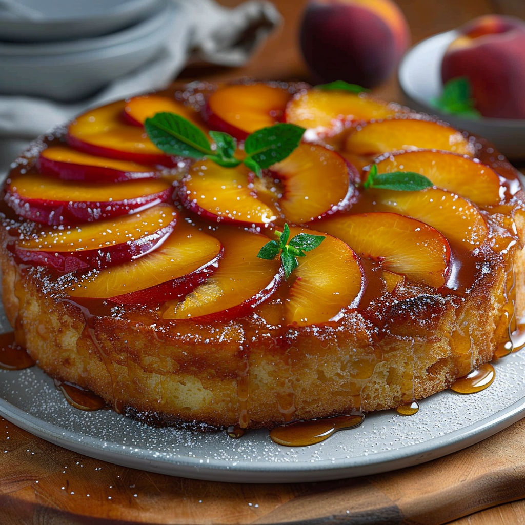 A cake with peaches and mint on top.