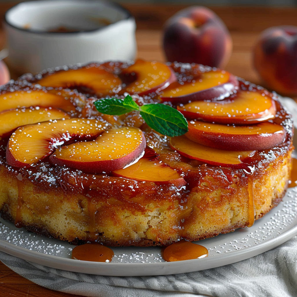 A cake with peaches on top.