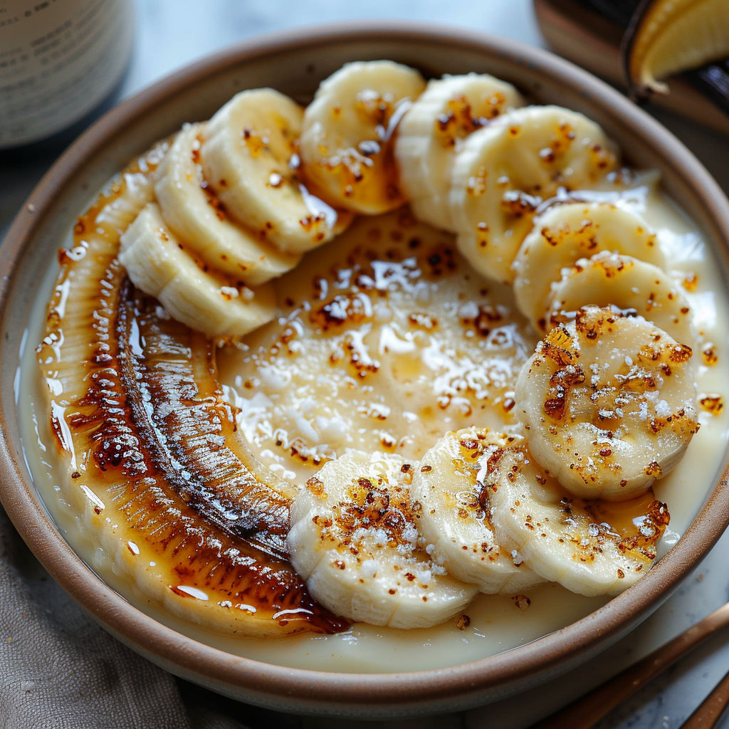 A bowl of bananas with a sauce on top.