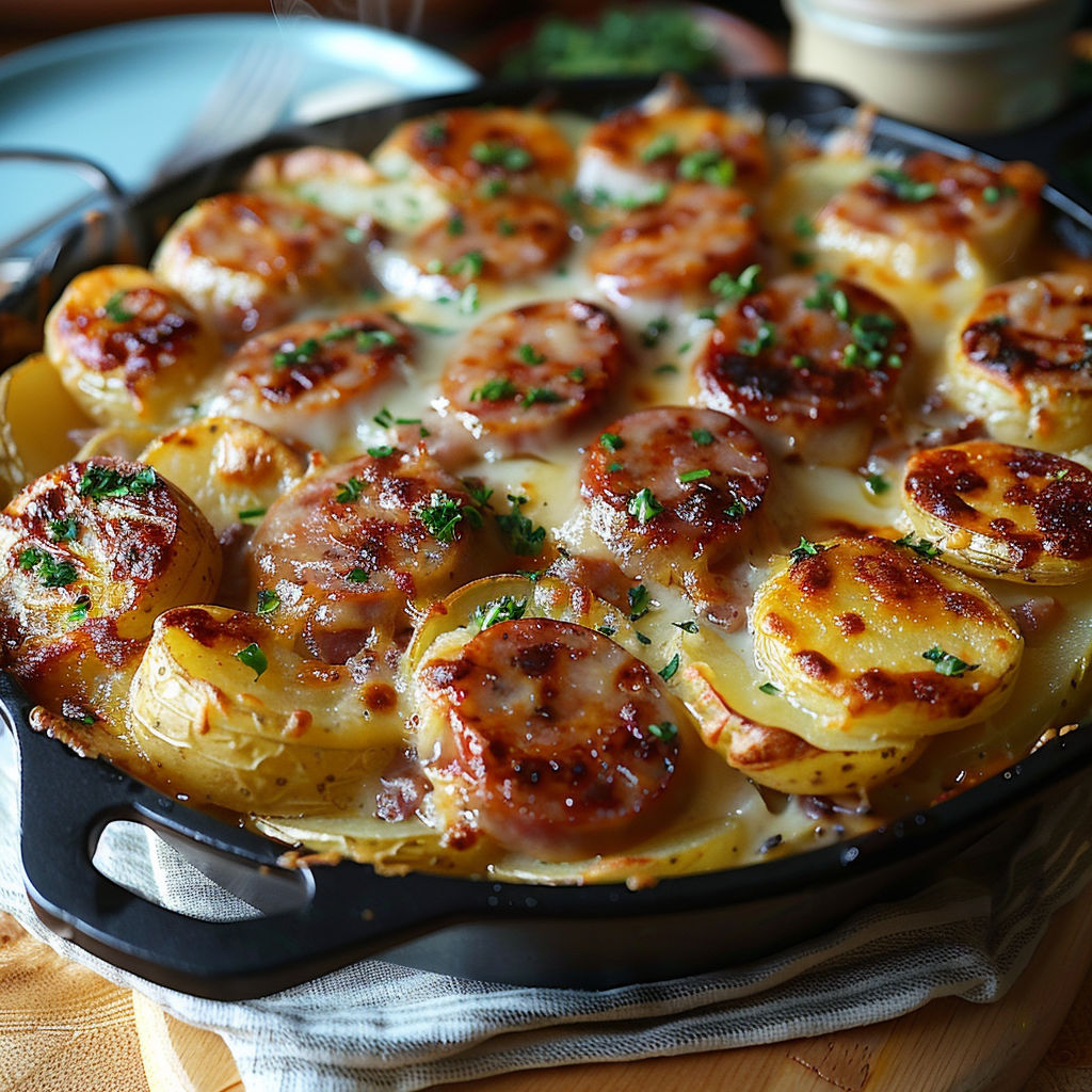 A pan of food with a fork and knife on a table.
