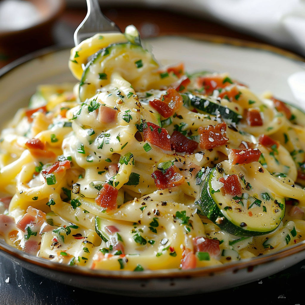 A bowl of pasta with bacon and zucchini.