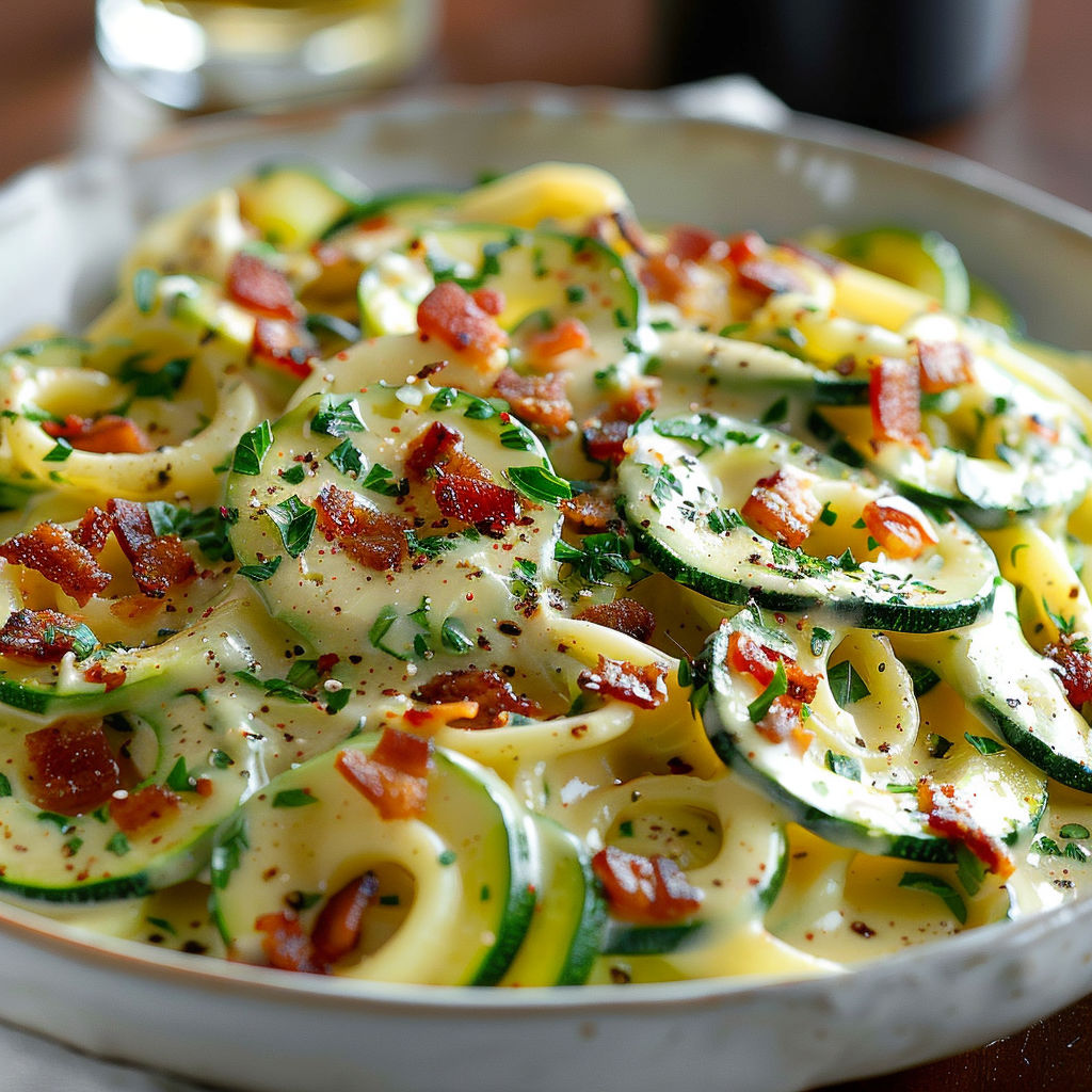 A plate of food with zucchini and bacon.
