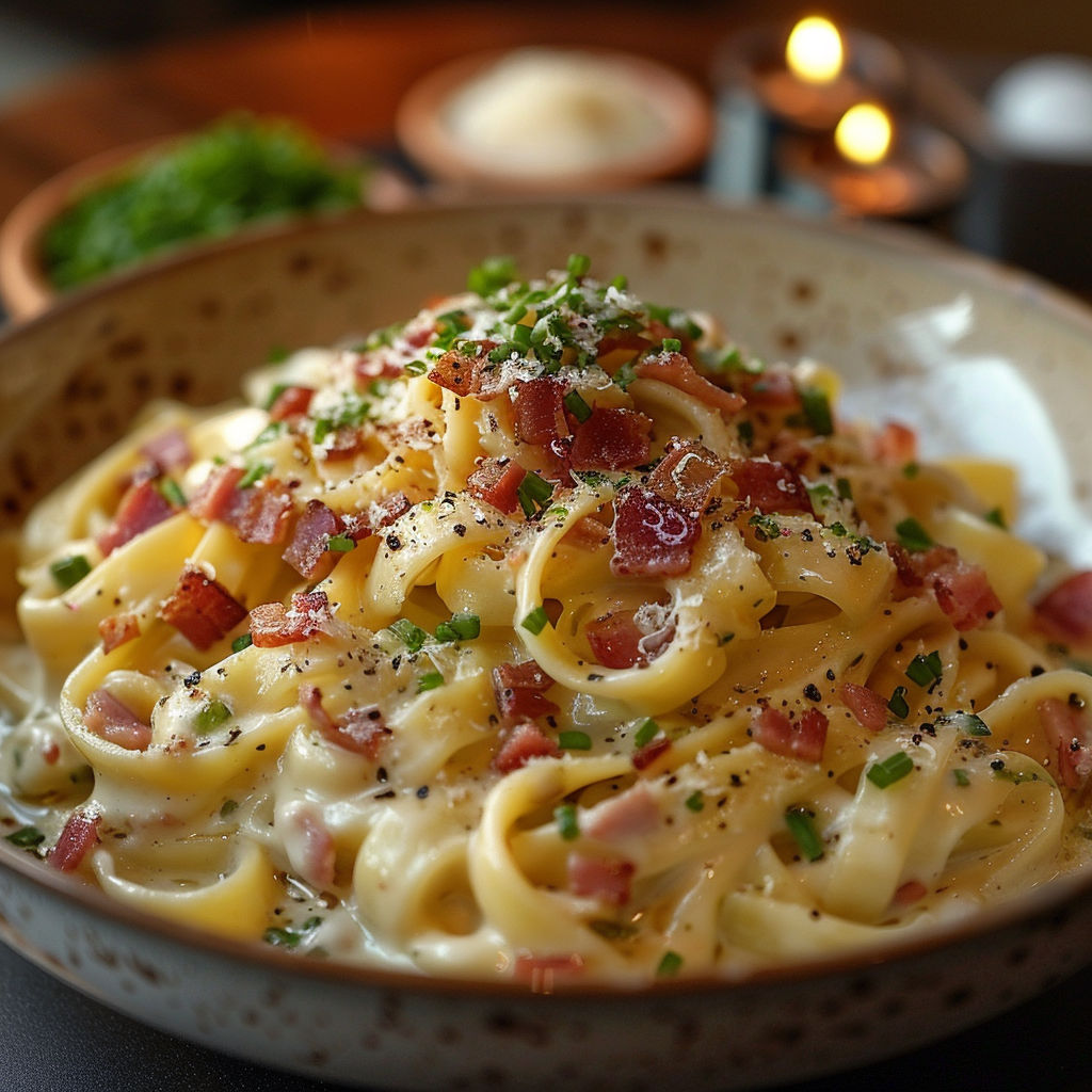 A bowl of pasta with bacon and cheese.