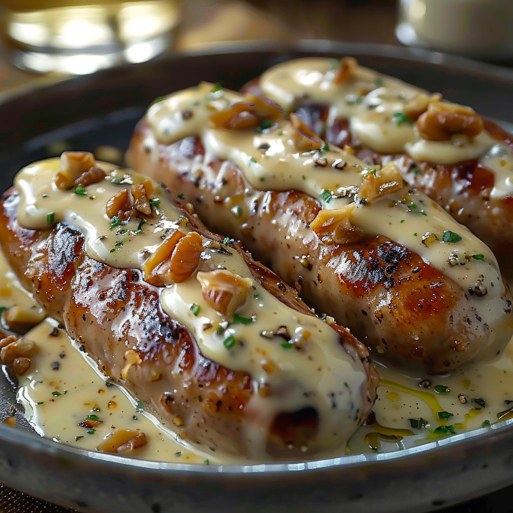 Two sausages with sauce on them.