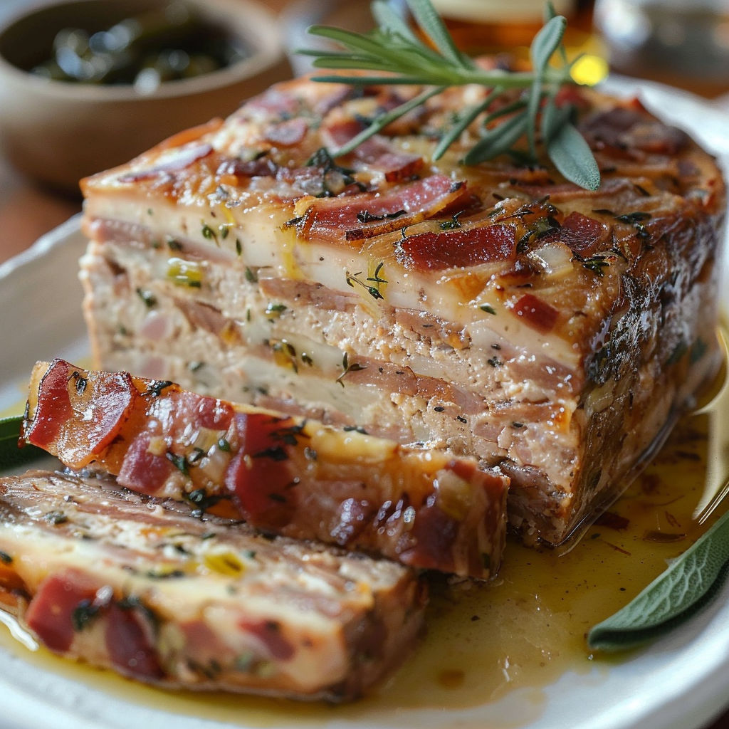 A large piece of meat with a green herb on top.