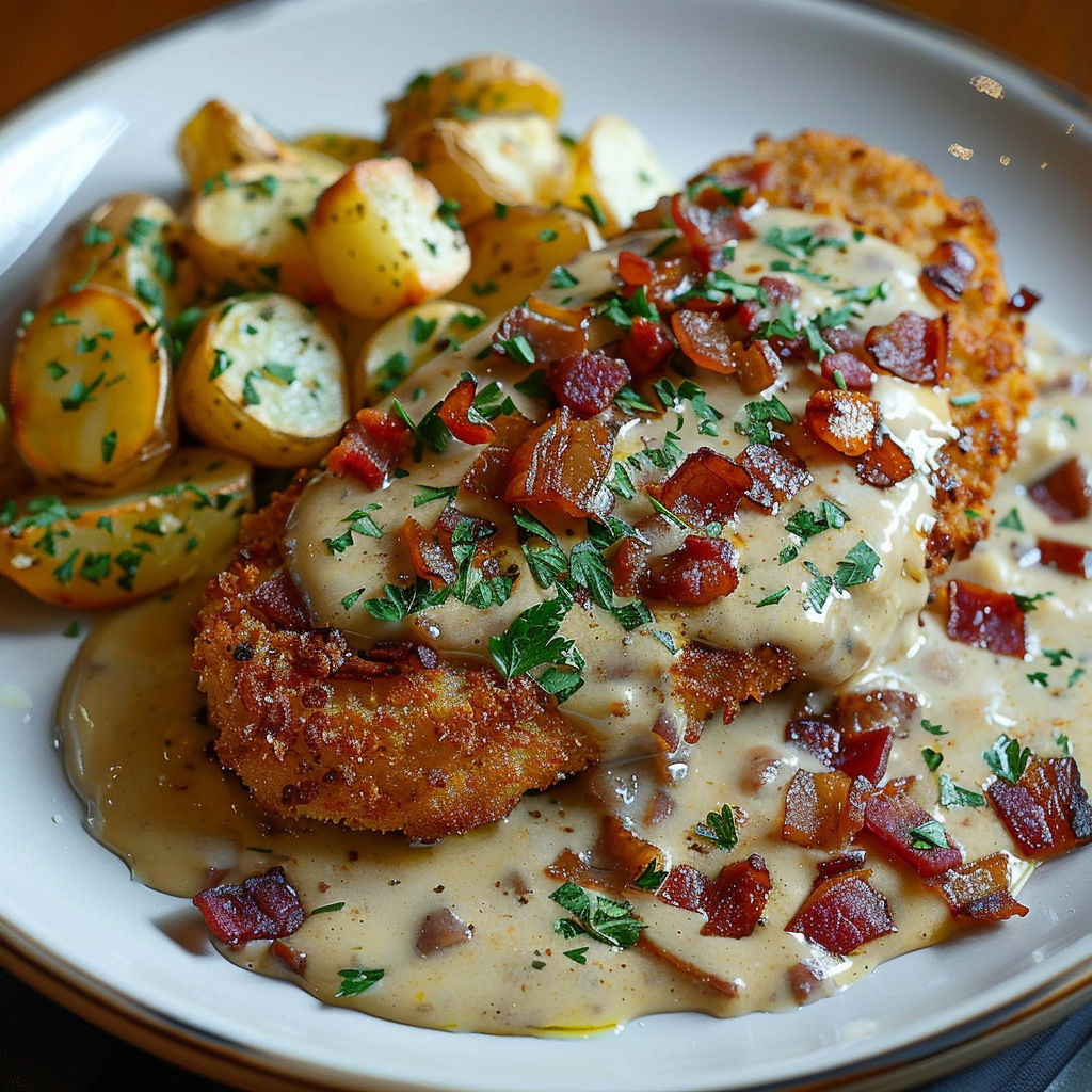 A plate of food with chicken, potatoes, and bacon.