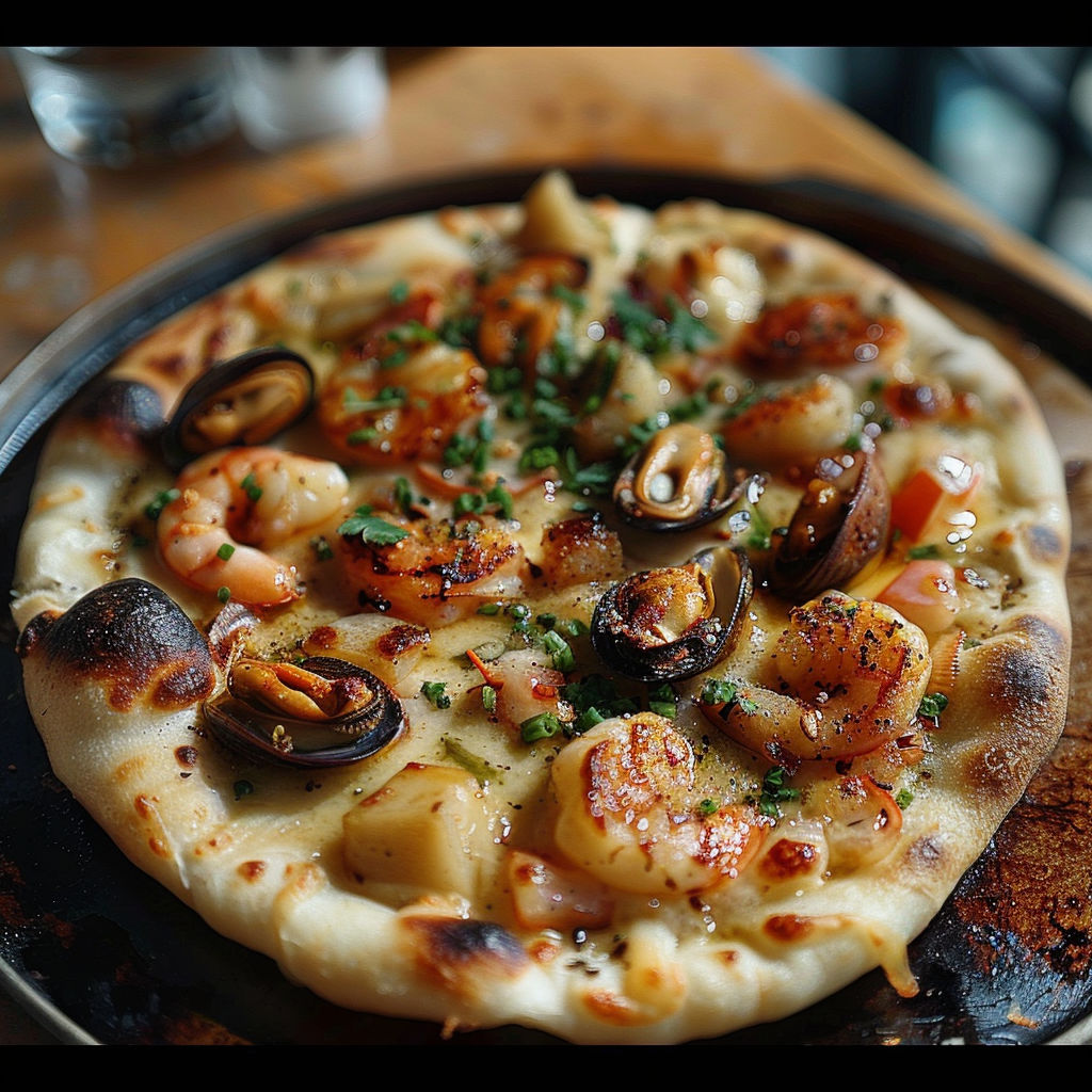 A pizza with shrimp and other seafood toppings.