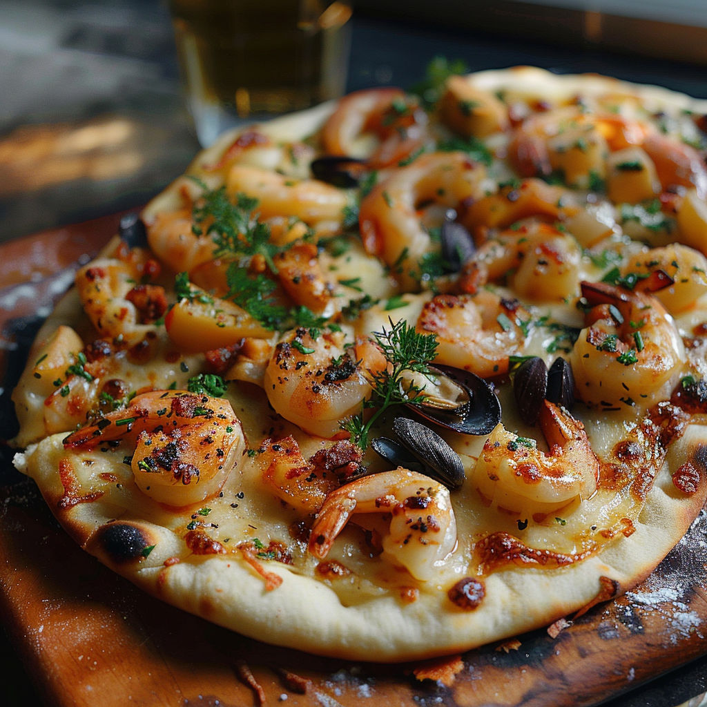 A pizza with shrimp and herbs on top.