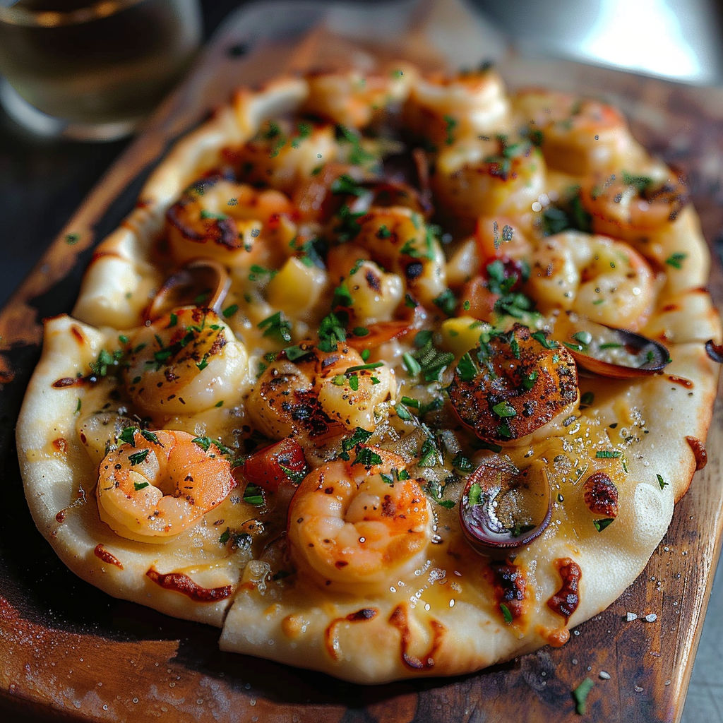 A pizza with shrimp and cheese on it.